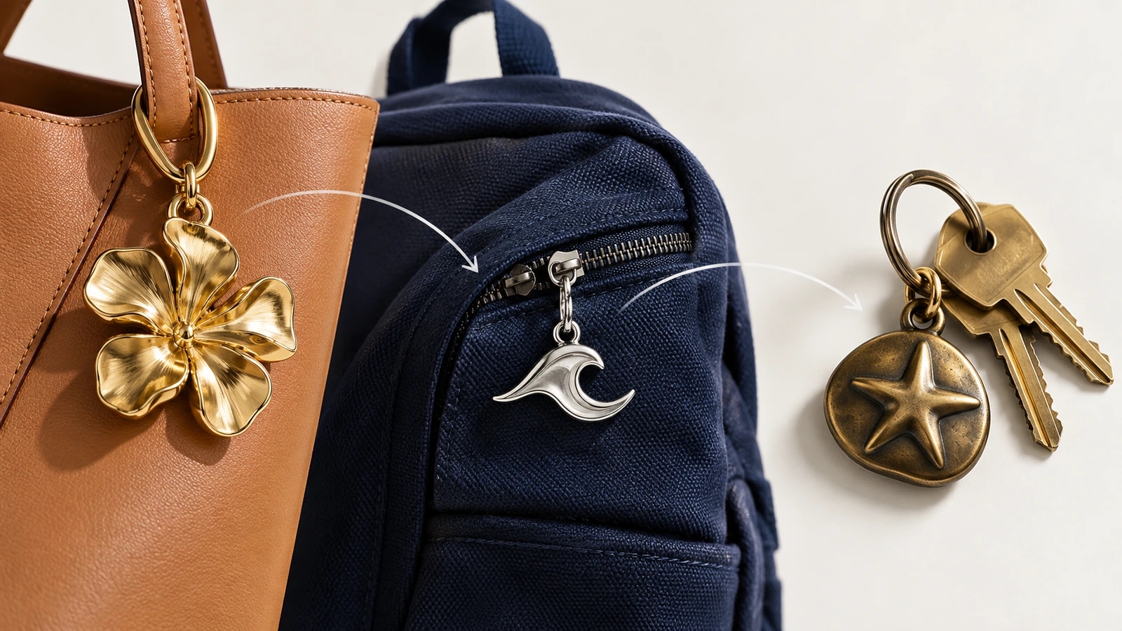 Comparação de três formatos de pingente de metal para chaveiro: um pingente esculpido para bolsa pendurado na alça de uma sacola, um puxador de zíper plano em um zíper de mochila e um pingente arredondado de argola de chaves, com chaves