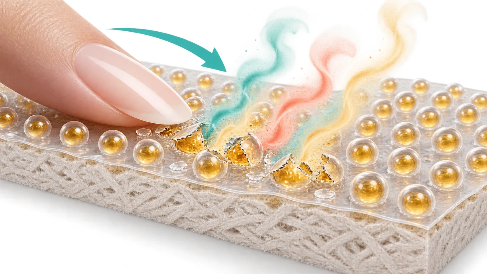 Ilustração em corte transversal de microcápsulas de fragrância sobre a superfície de um papel, algumas intactas e outras abertas por uma unha, com fios de aroma subindo