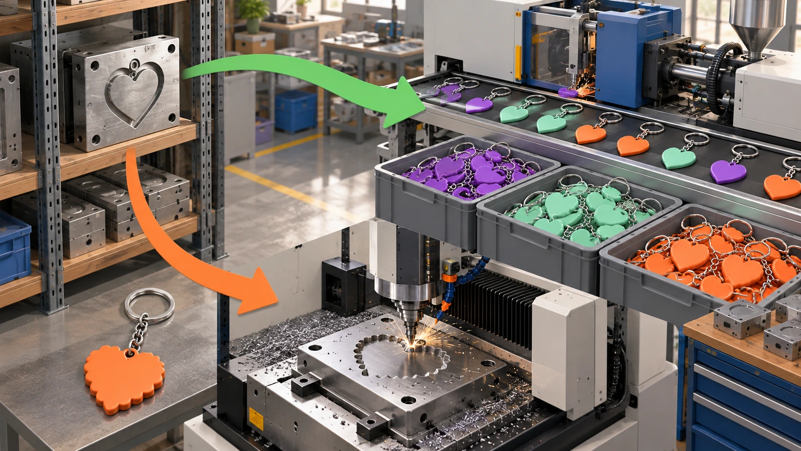Molde de chaveiro armazenado alimentando uma reposição inalterada, enquanto um contorno modificado se ramifica para um molde recém-usinado