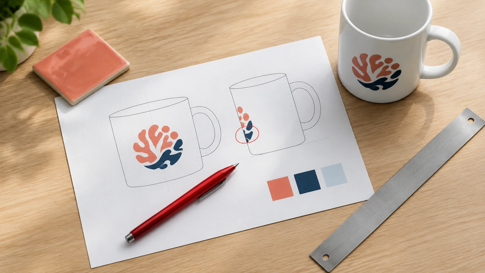 Foto plana de uma folha de prova impressa de caneca com formas abstratas de logotipo, uma caneta vermelha, uma régua e uma caneca de cerâmica branca sobre uma mesa clara