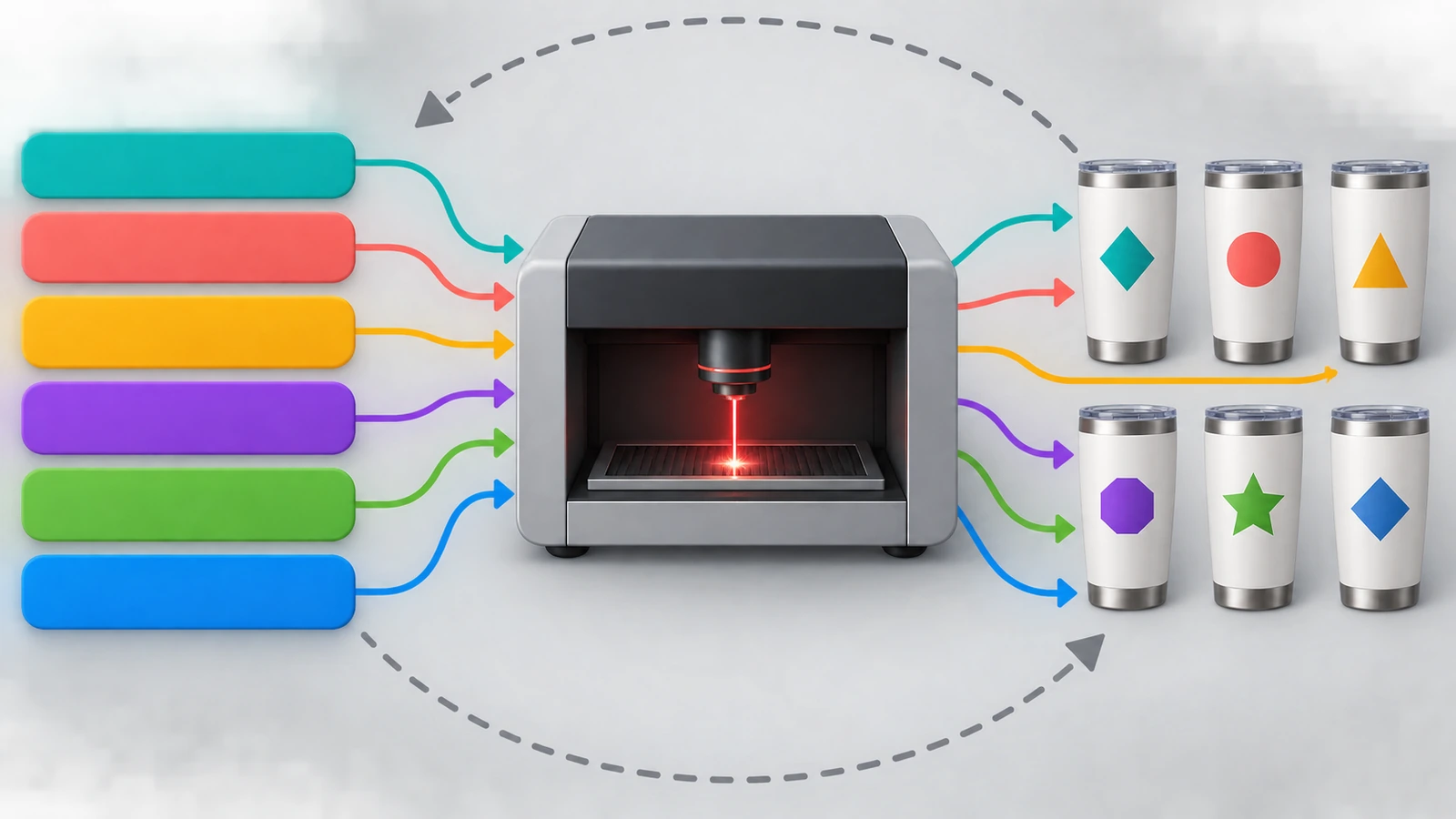 Diagrama mostrando linhas de dados coloridas que passam por setas até uma estação de gravação a laser e saem como copos individuais, cada um associado à sua linha colorida