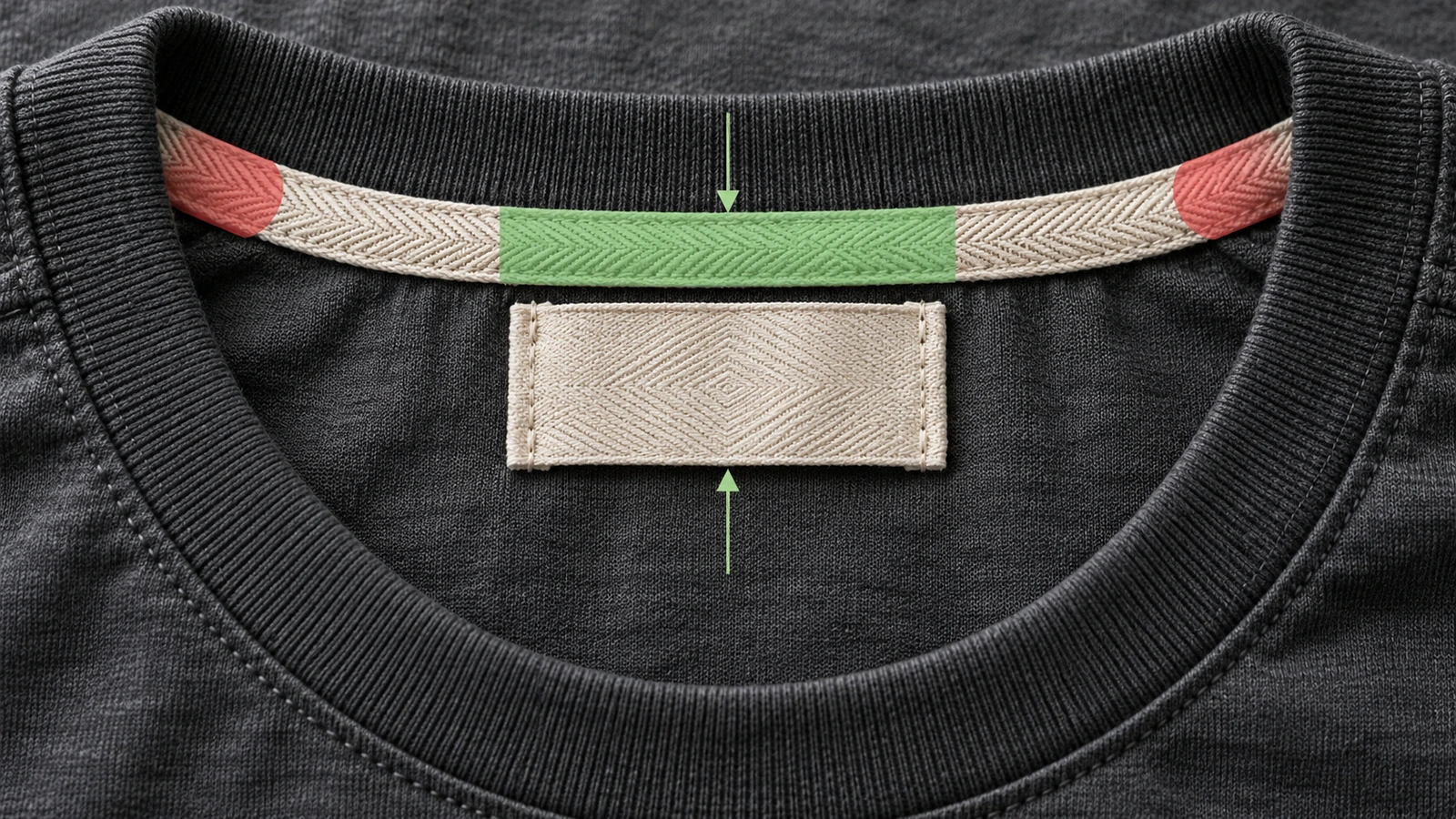 Detalhe aproximado da parte interna das costas da gola de uma camiseta, com uma etiqueta tecida em branco centralizada entre as costuras dos ombros e alinhada sob a fita de reforço da gola, com formas-guia coloridas marcando a zona de costura rente