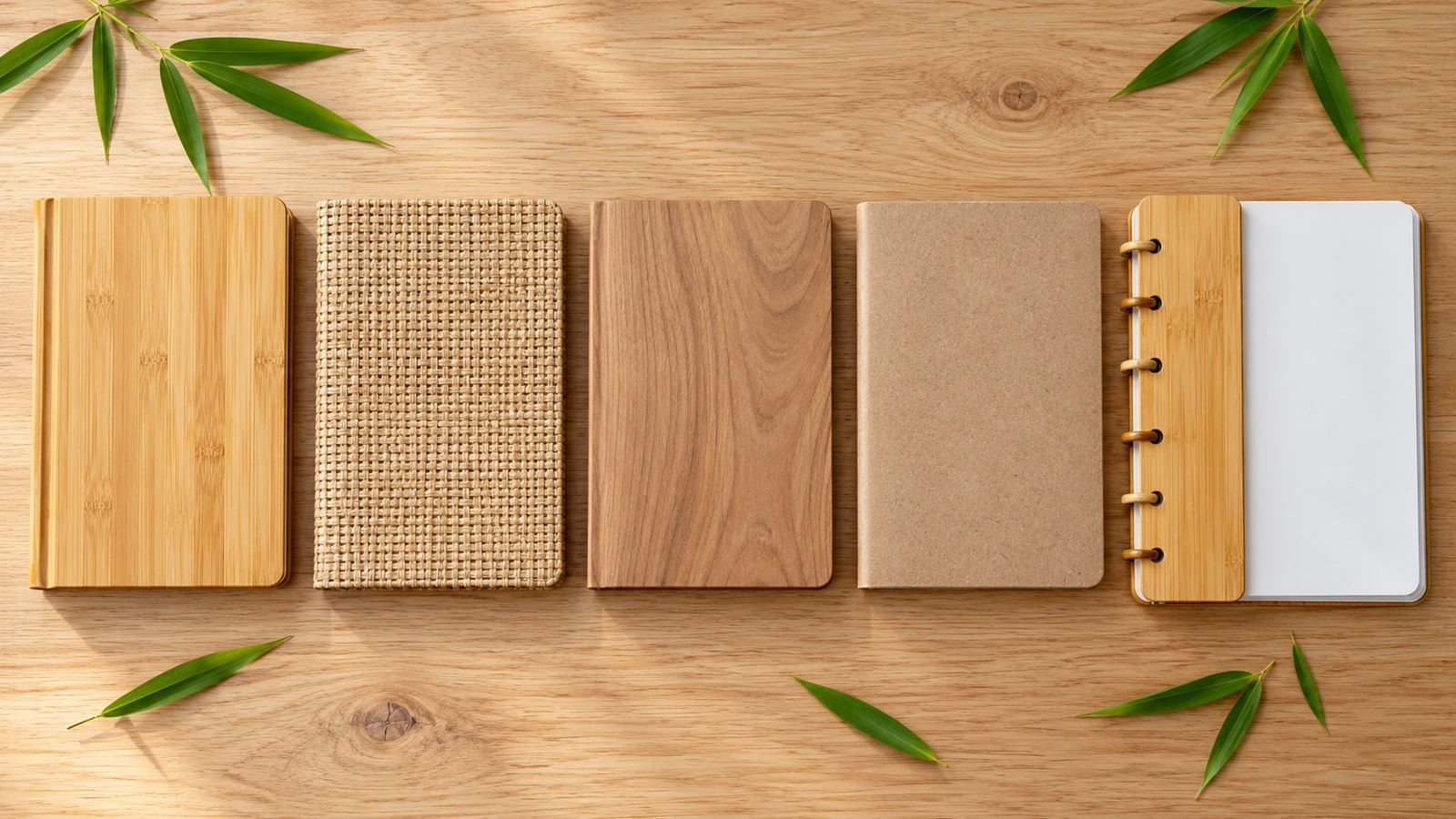 Foto plana comparando um caderno com capa de bambu maciço, um caderno com tecido de fibra de bambu, um caderno sintético com veio de madeira, um caderno de kraft reciclado e um caderno reutilizável com carcaça de bambu