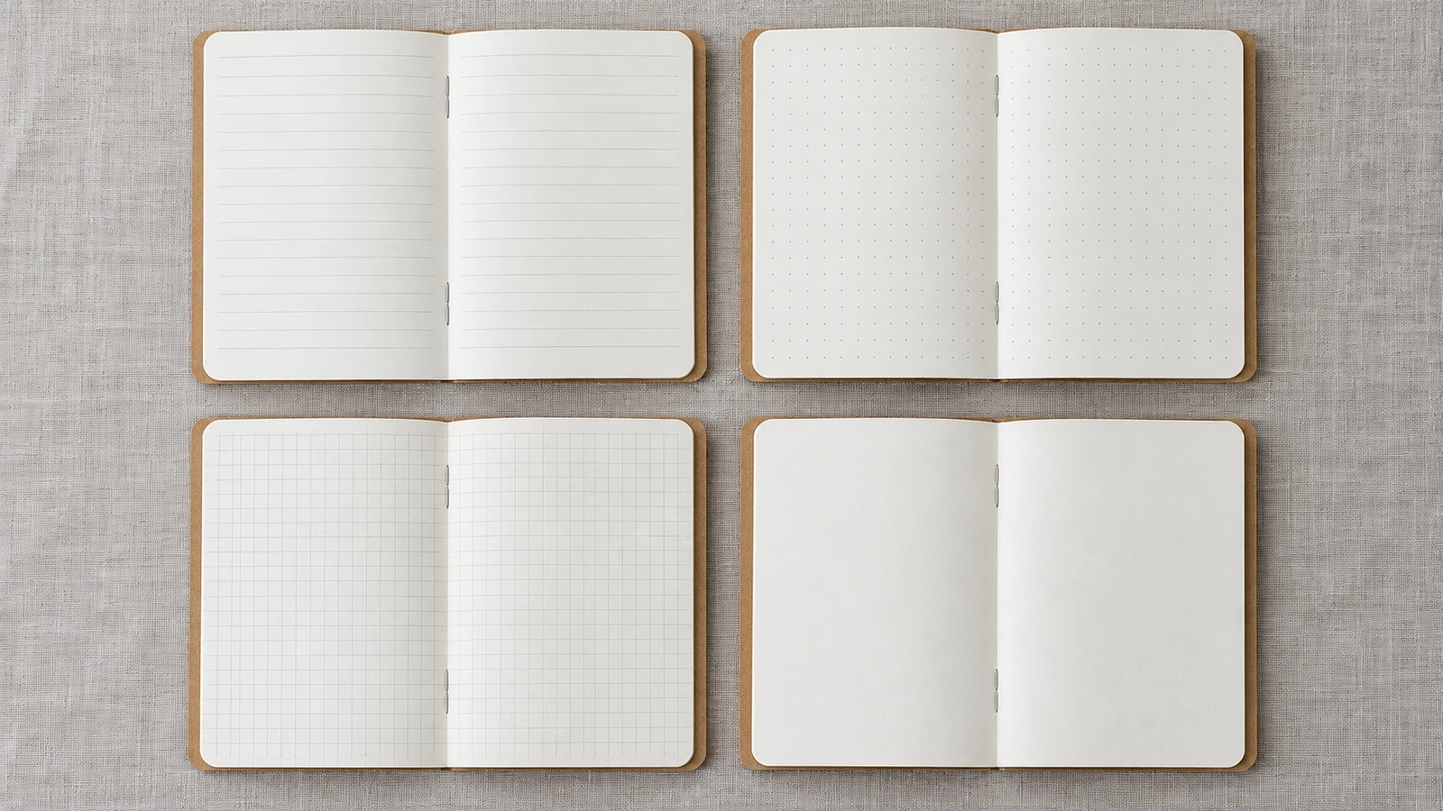 Quatro cadernos abertos lado a lado mostrando os formatos de páginas internas pautadas, com grade de pontos, quadriculadas e em branco