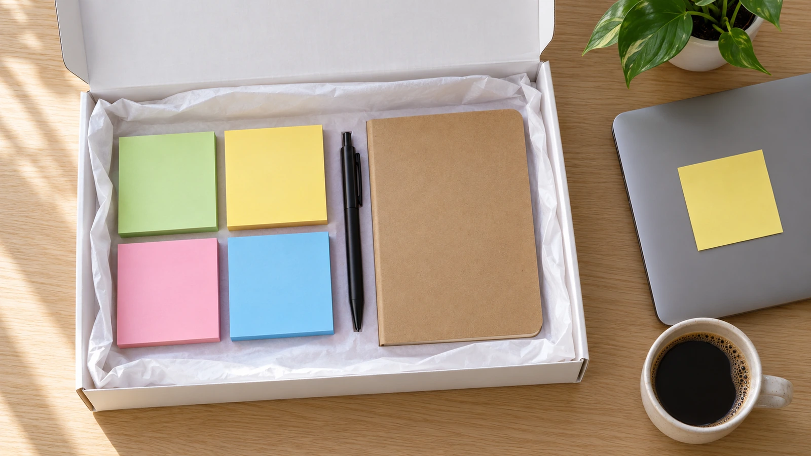Foto vista de cima de uma caixa de boas-vindas de cliente aberta, com um conjunto de blocos de notas coloridos, uma caneta e um caderno sobre uma mesa de madeira clara, e 1 folha já colada na borda de um laptop