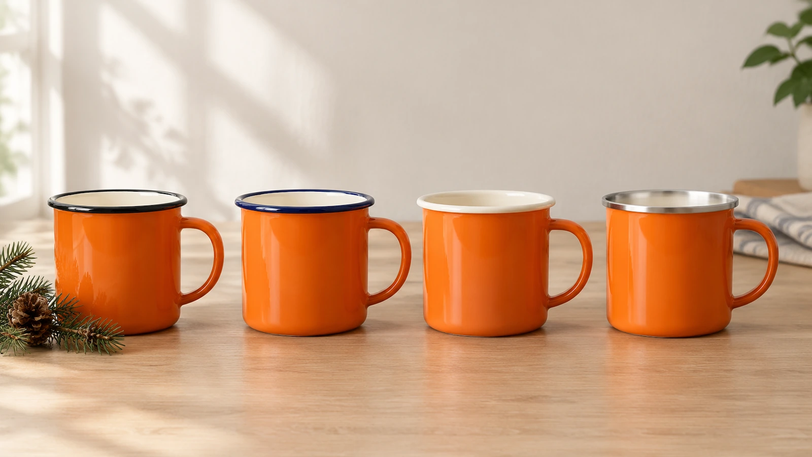 Quatro canecas de camping esmaltadas laranja lado a lado, com bordas preta, azul-marinho, creme e de aço inox, mostrando como a cor da borda muda o visual retrô