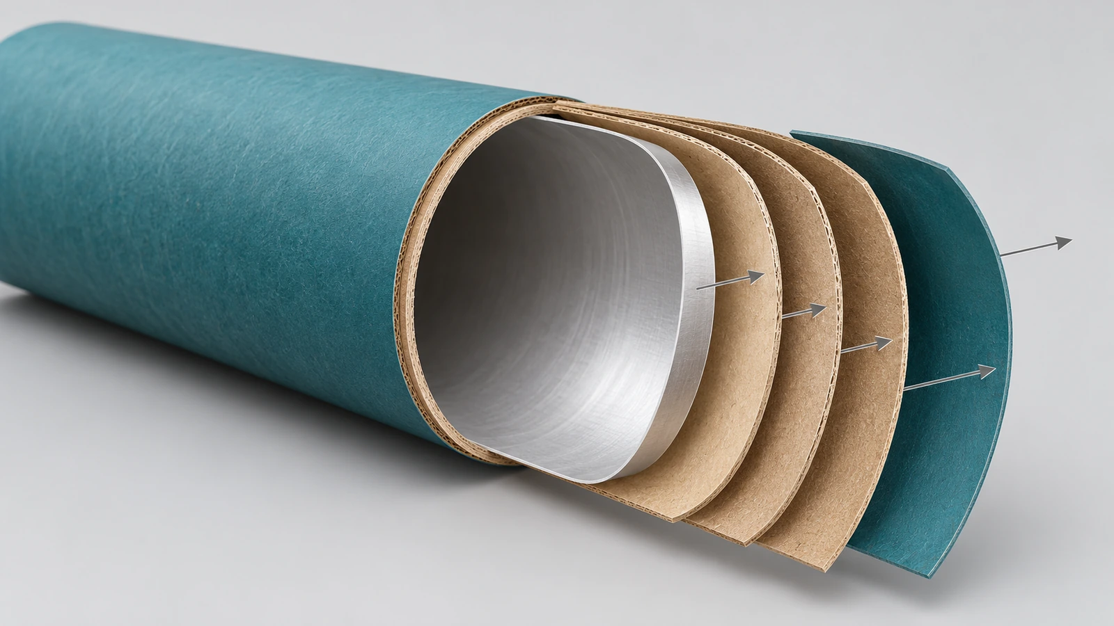 Corte da parede de um tubo de papel mostrando o forro interno, as lâminas estruturais de papel-cartão e o envoltório externo impresso como camadas coloridas separadas