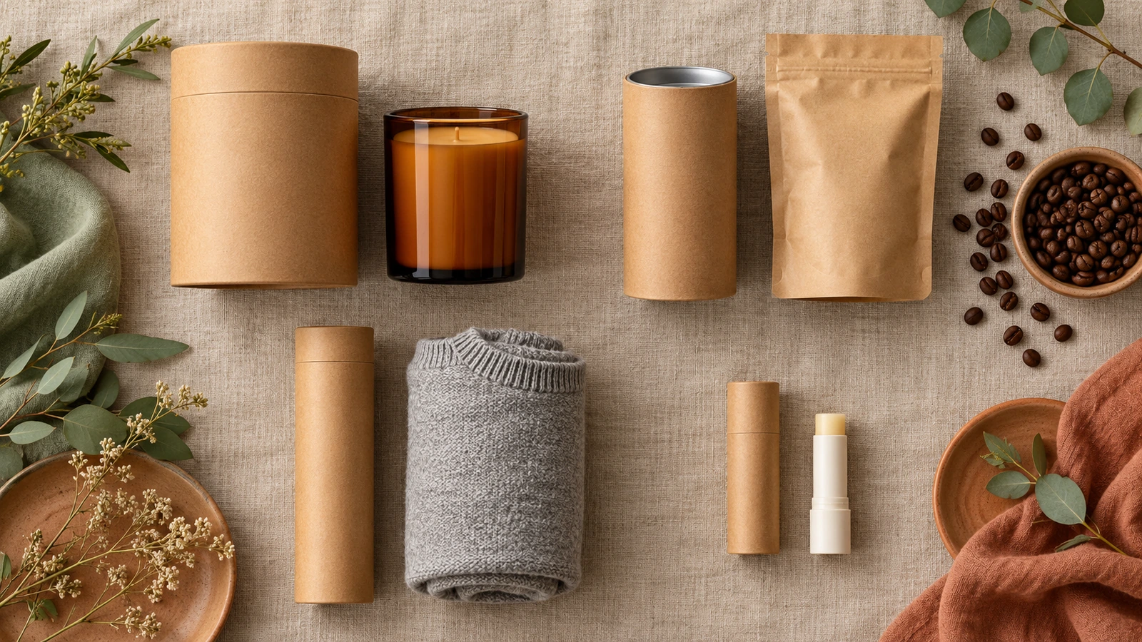 Tubos de papel de diferentes diâmetros e espessuras de parede dispostos ao lado de um pote de vela, uma embalagem de café, uma peça de roupa enrolada e um bastão de bálsamo labial
