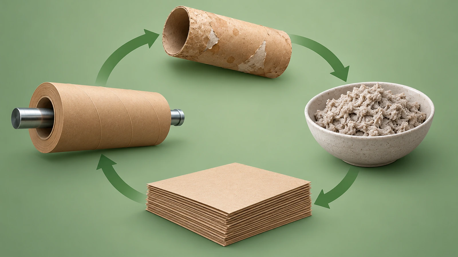 Fluxo circular de setas ligando um tubo de papel, polpa de fibra de papel, papel-cartão plano e um tubo recém-enrolado