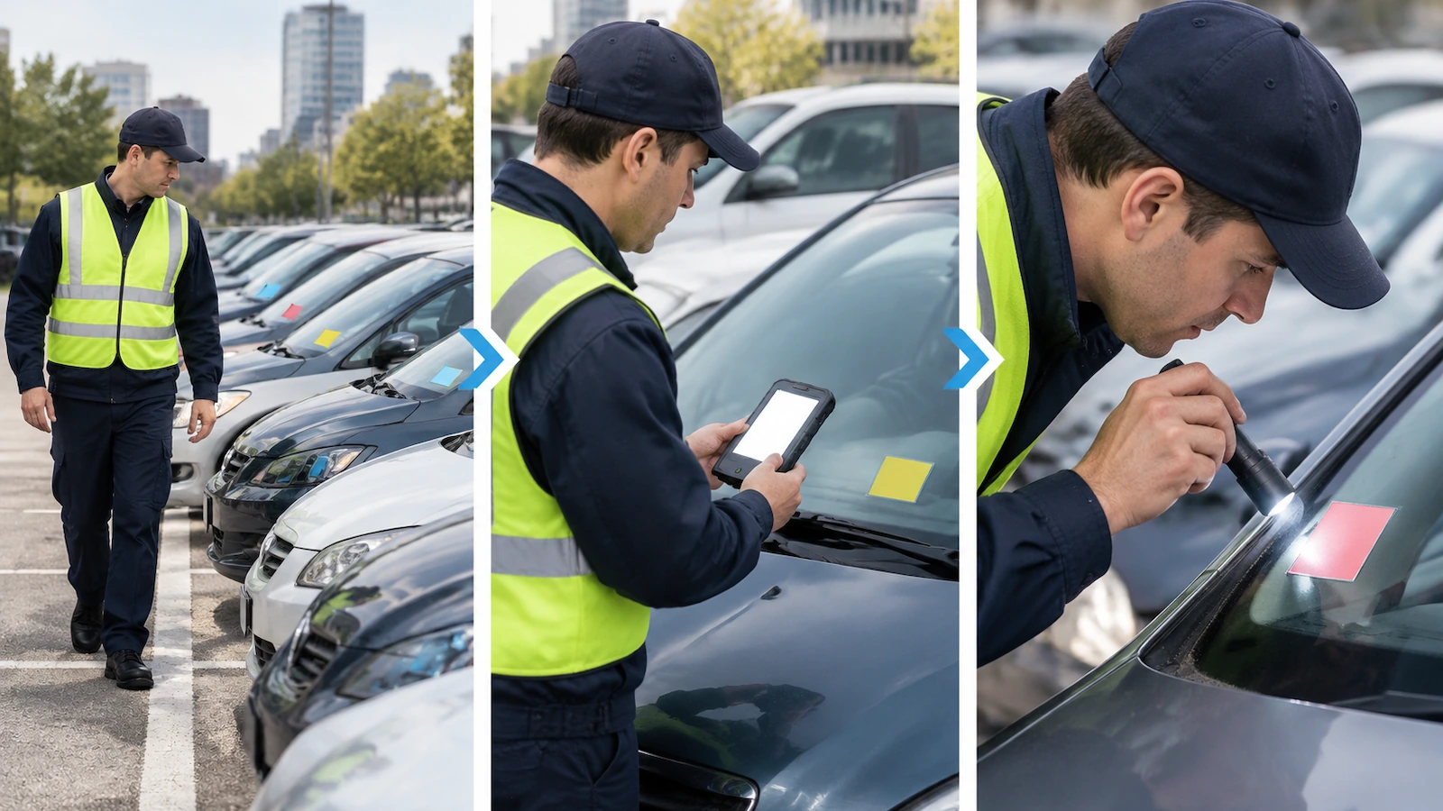 Agente de fiscalização de estacionamento percorrendo uma fileira de carros estacionados, mostrado em três etapas: olhando os para-brisas de longe, escaneando uma autorização com um dispositivo portátil e se inclinando para inspecionar a borda da autorização
