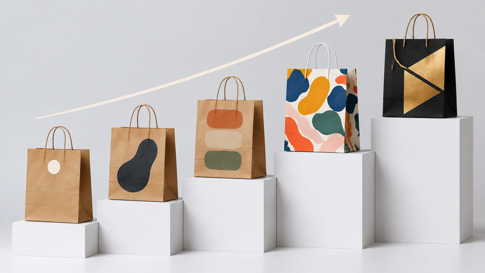Escada ascendente de sacos de papel kraft mostrando níveis crescentes de personalização da impressão