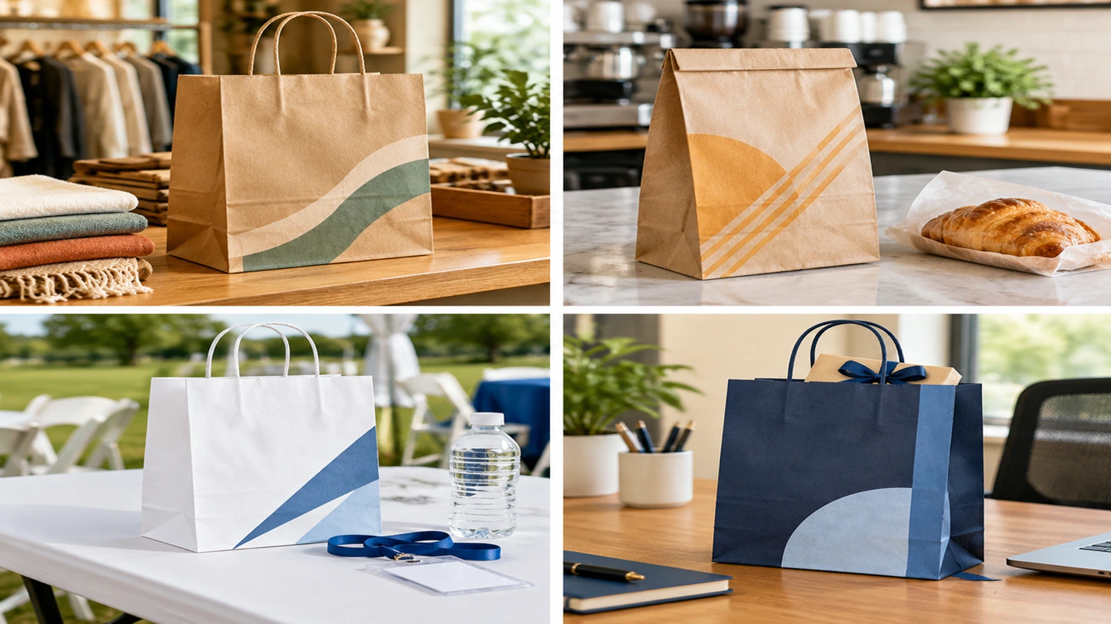 Quatro sacos de papel kraft personalizados em cenários de varejo, restaurante, evento e presentes corporativos