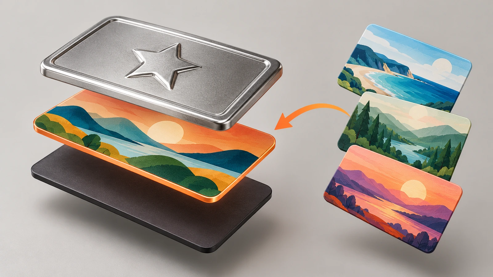 Vista explodida de um ímã de geladeira personalizado de folha de flandres, mostrando uma base metálica em relevo compartilhada, uma camada impressa substituível e um verso magnético flexível