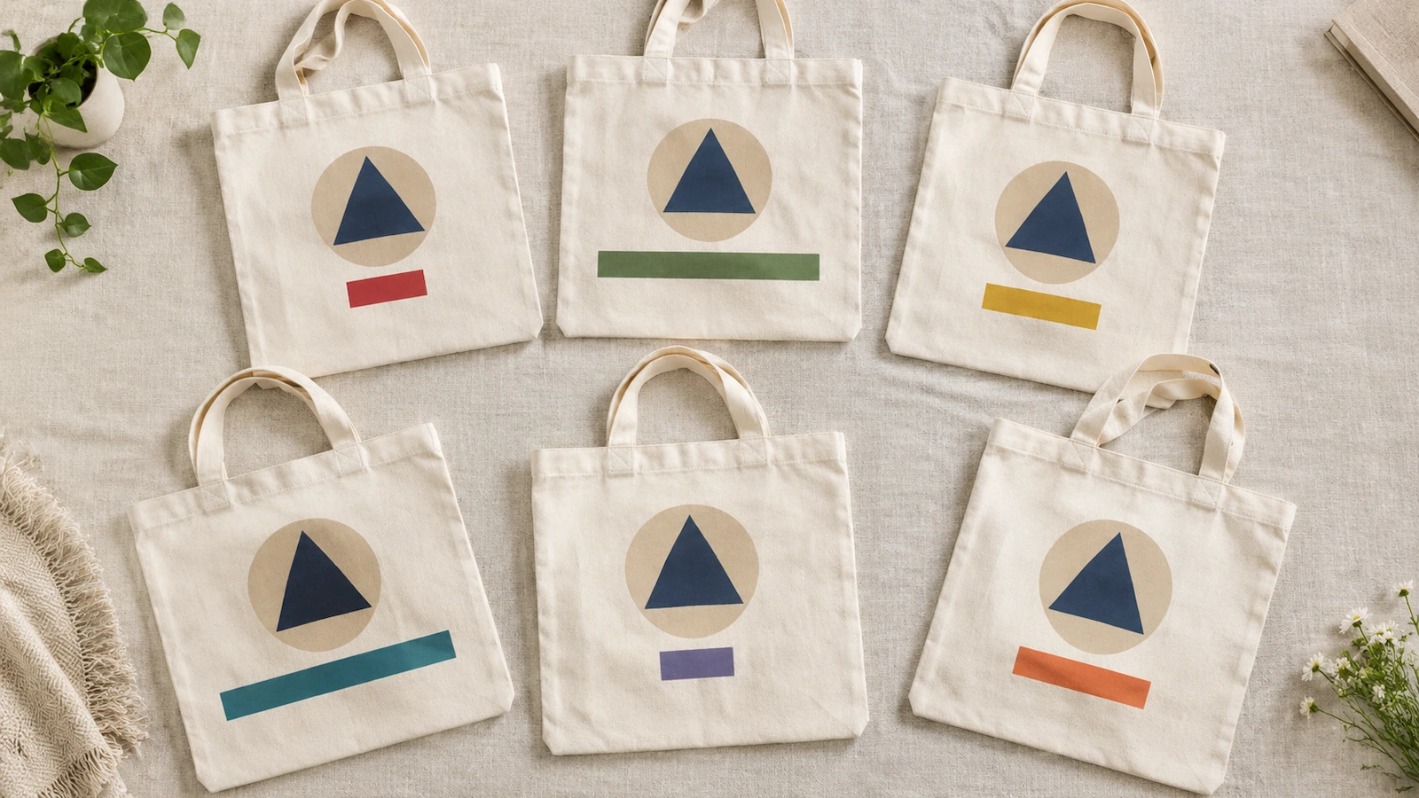 Fileira de sacolas de algodão natural com o mesmo formato de logotipo, cada uma com uma faixa colorida diferente no local onde o nome do destinatário é impresso