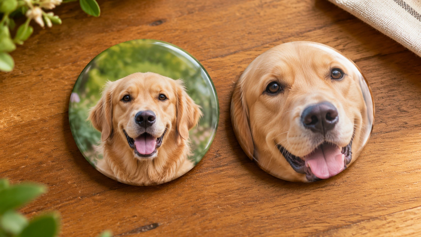 Dois bottons redondos com foto, mostrando o retrato de um golden retriever: um bem centralizado, com fundo aberto em volta da cabeça, e outro recortado de modo que as orelhas se dobram sobre a borda