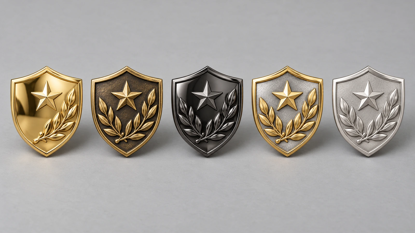 Cinco pins de lapela estampados idênticos em fila, mostrando acabamentos em ouro polido, ouro envelhecido, níquel negro, ouro e prata em duas tonalidades e prata jateada