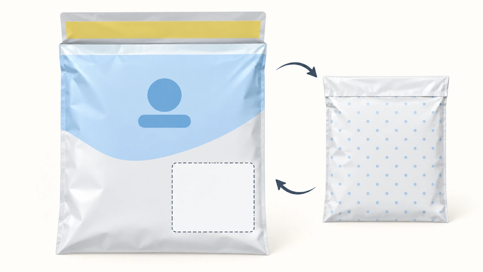Mapa de zonas de um envelope plástico plano, mostrando uma área para o logotipo na parte superior da frente, um retângulo de etiqueta em branco, a aba do selo e o painel traseiro, marcados com blocos de cor e setas