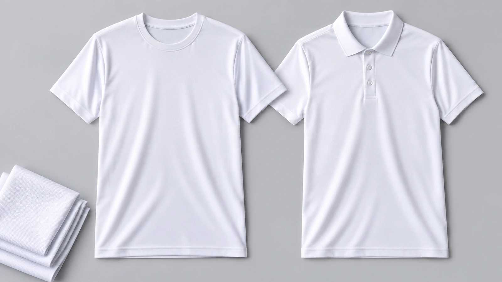Camiseta unissex branca de poliéster para sublimação estendida ao lado de uma polo de desempenho branca sobre uma superfície cinza-clara