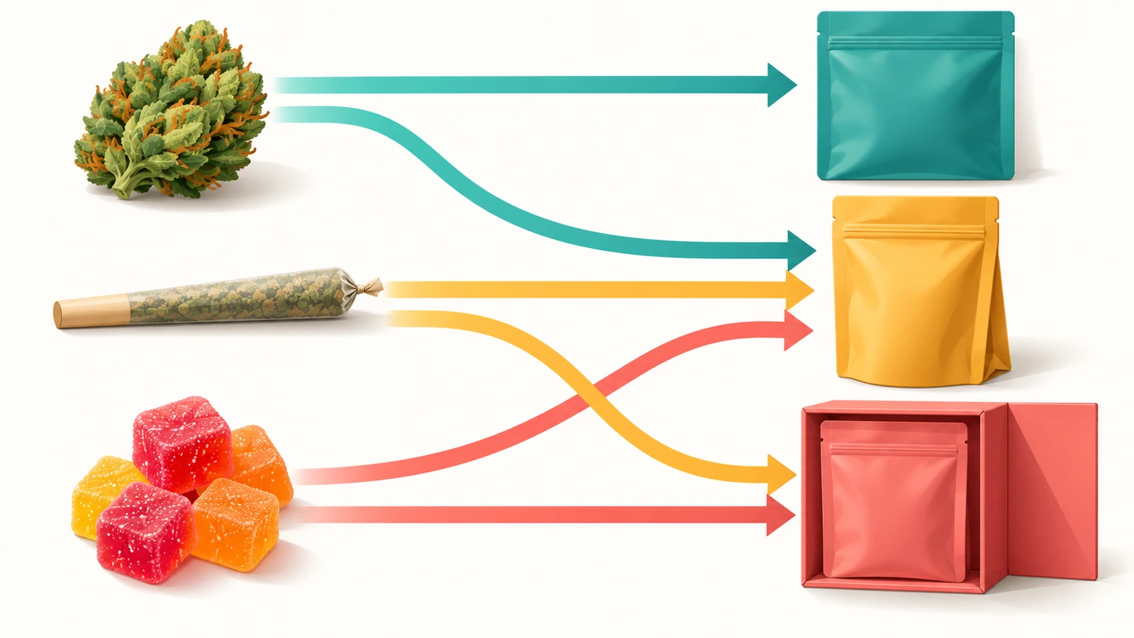 Fluxograma de decisão com formas coloridas e setas que encaminha produtos de flor, pré-enrolados e comestíveis para bolsas planas, autoportantes ou em caixa
