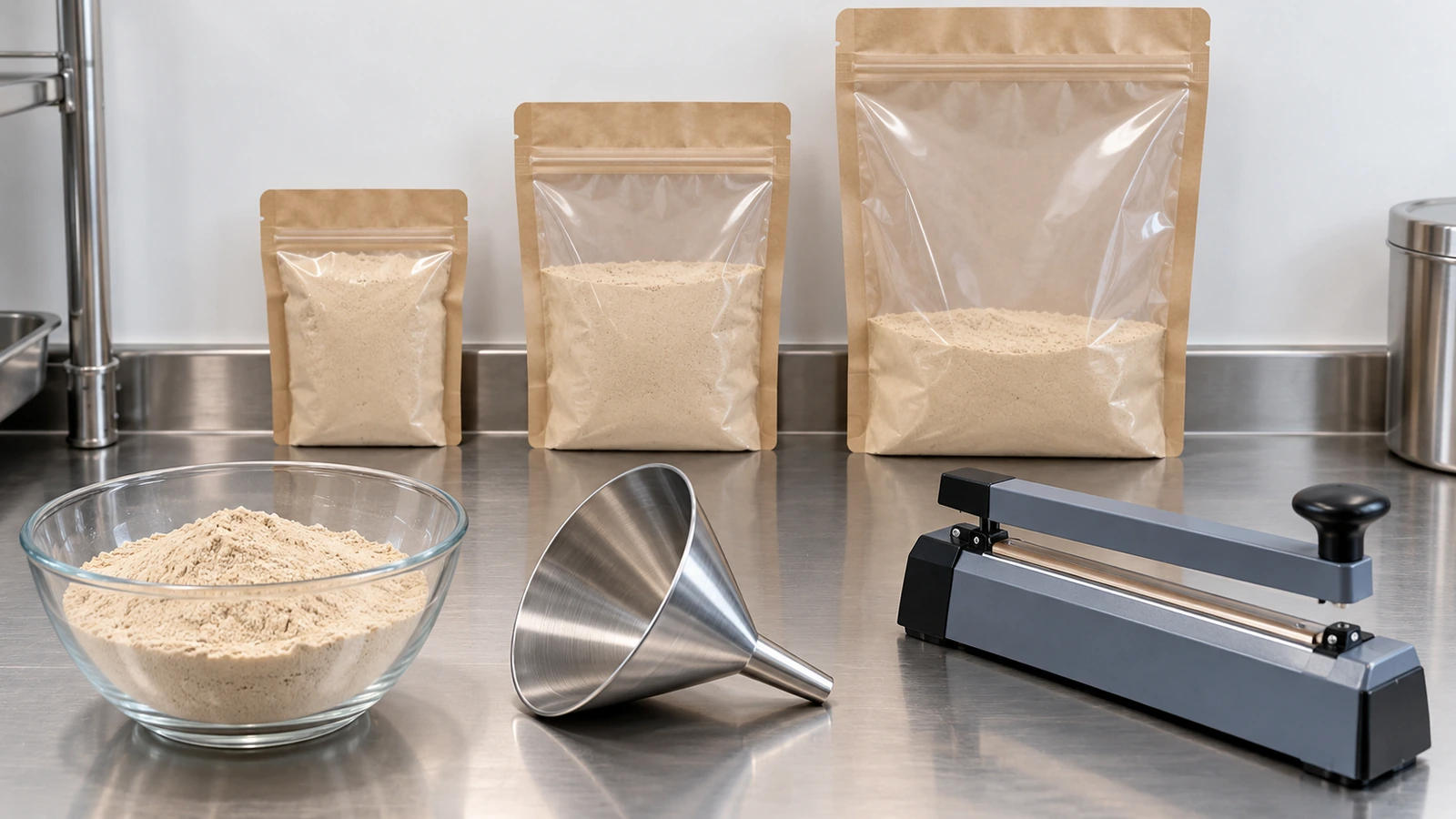 Fileira de bolsas planas lisas em três tamanhos, cheias com a mesma quantidade de pó, comparadas lado a lado durante um teste de enchimento