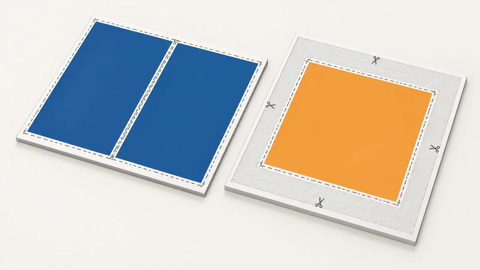 Diagrama visto de cima de folhas de impressão comparando o encaixe eficiente de duplas em retrato com duplas quadradas que deixam áreas cinzentas sem uso