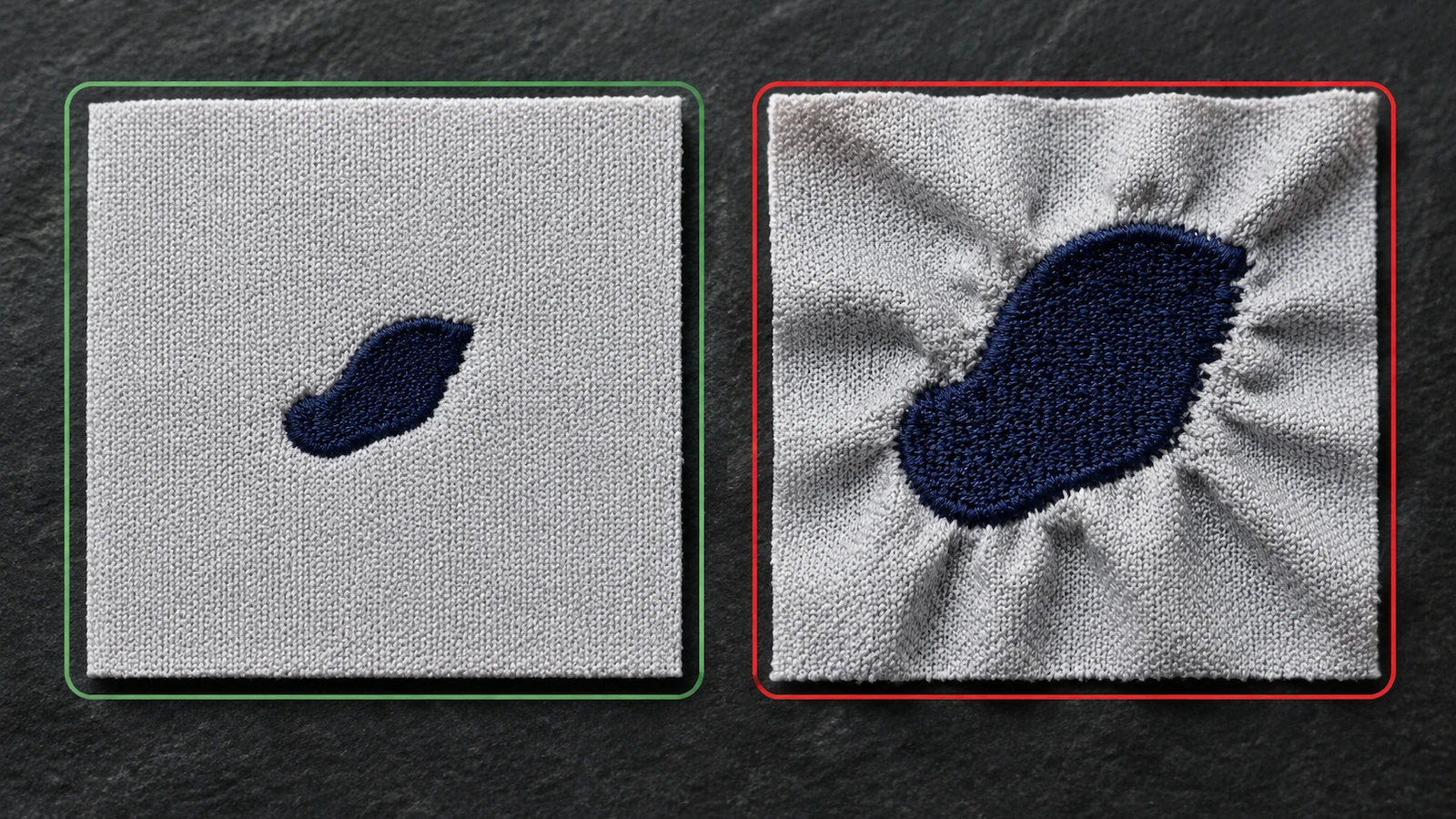 Duas amostras de piquê lado a lado: uma com um emblema bordado liso e limpo, emoldurada em verde, e outra com o tecido ondulado e franzido ao redor dos pontos, emoldurada em vermelho