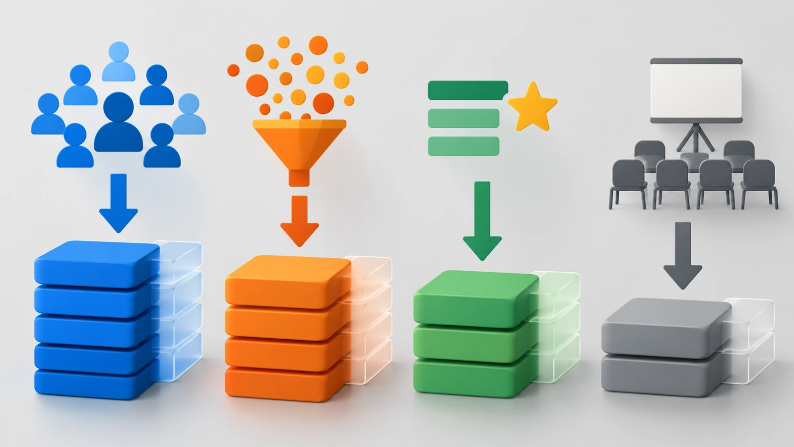 Diagrama de quatro pilhas de cadernos de alturas diferentes, cada uma alimentada por uma seta própria a partir de uma forma de origem distinta, mostrando que a quantidade de cada programa vem de um fator diferente