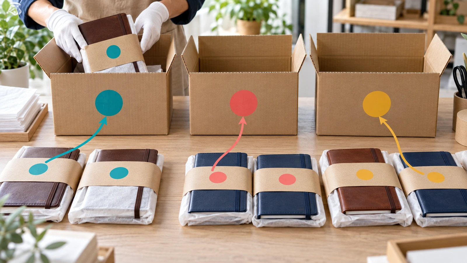 Diários de couro personalizados em luvas com etiquetas coloridas combinadas com caixas de envio da mesma cor