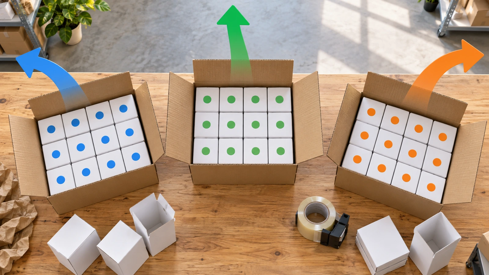 Copos embalados individualmente, separados em grupos codificados por cor dentro de caixas de envio maiores, com setas indicando cada grupo seguindo para um destino diferente