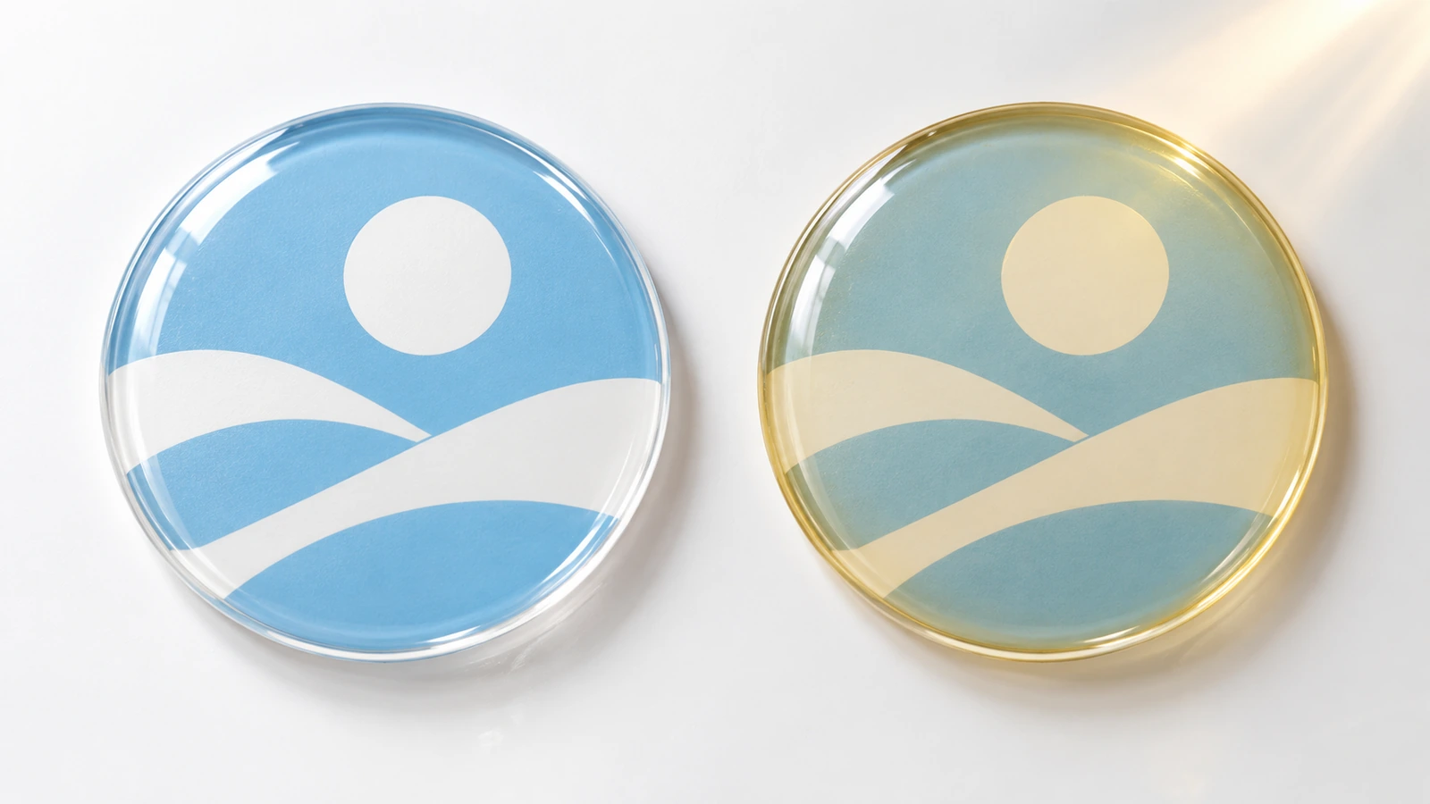 Dois emblemas idênticos de cor clara com domo, lado a lado, um totalmente transparente e outro com tom âmbar causado pelo envelhecimento da resina