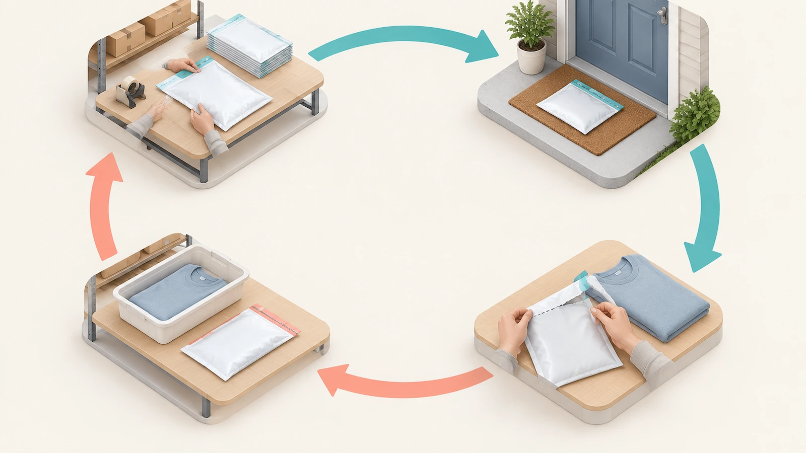 Diagrama circular de um envelope retornável indo do armazém até a porta do cliente e voltando a um centro de devoluções, com uma mudança de cor marcando a passagem da primeira para a segunda tira adesiva