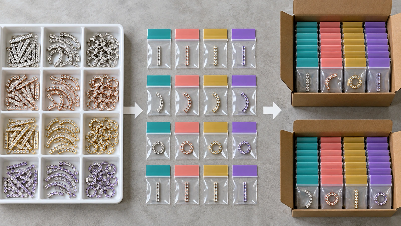 Fileiras de pequenos sacos transparentes com fecho, dispostos em uma grade, cada um com uma etiqueta colorida e pequenas peças de strass dentro, organizados em sequência desde uma bandeja de separação até caixas de envio, para mostrar a montagem de kits por nome ou número