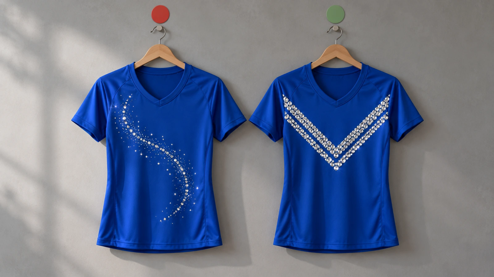 Duas costas de camisa em branco comparadas: um arabesco fino de strass em fileira simples que se dissolve em brilho espalhado à distância e barras grossas de strass em fileira dupla que continuam nítidas, mostrando por que a largura do traço determina a legibilidade
