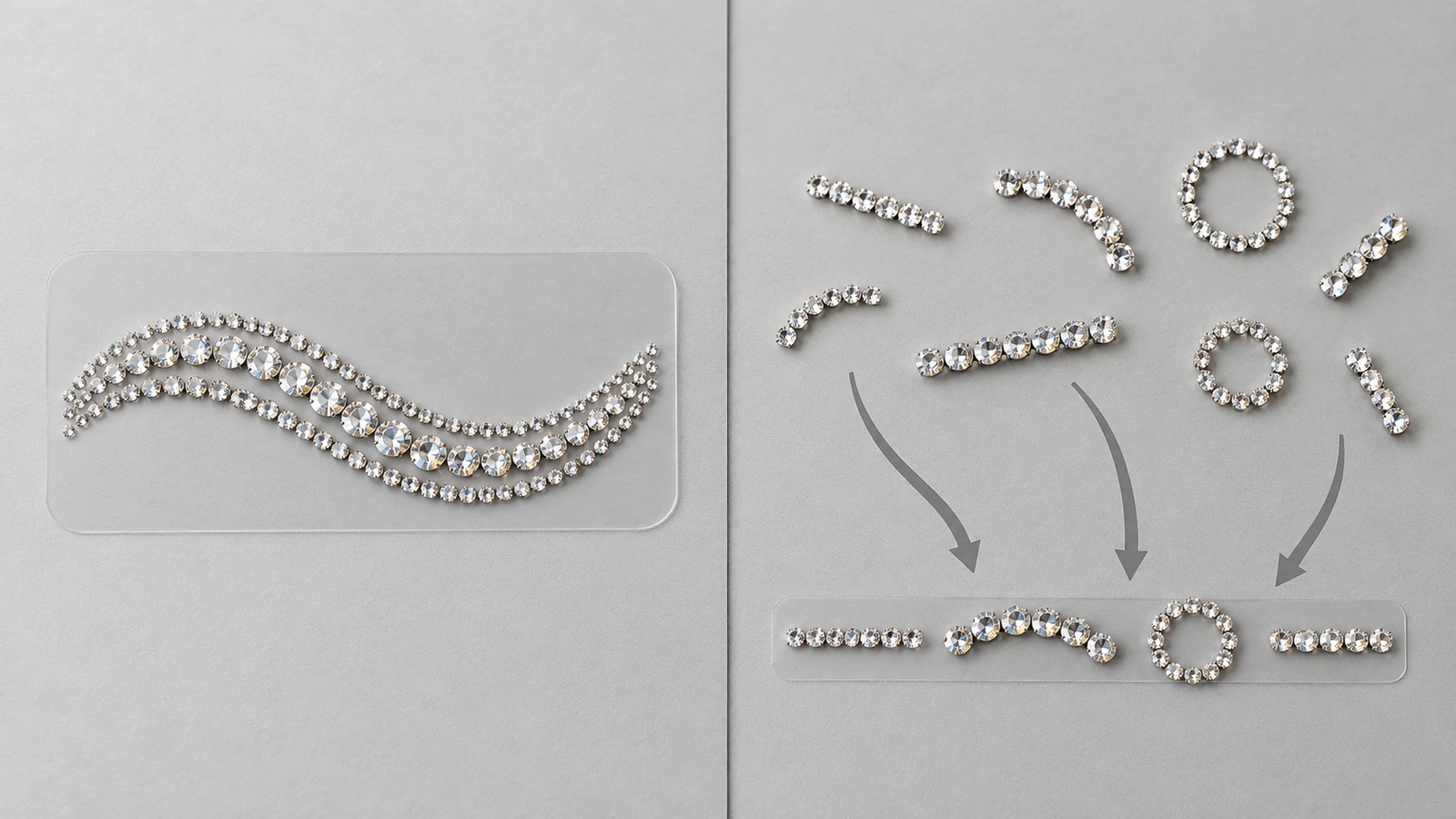 Vista dividida comparando uma folha-suporte de strass com um único motivo completo e peças de strass soltas sendo alinhadas por setas ao longo de uma guia reta, em contraste com folhas de nomes prontas e caracteres individuais