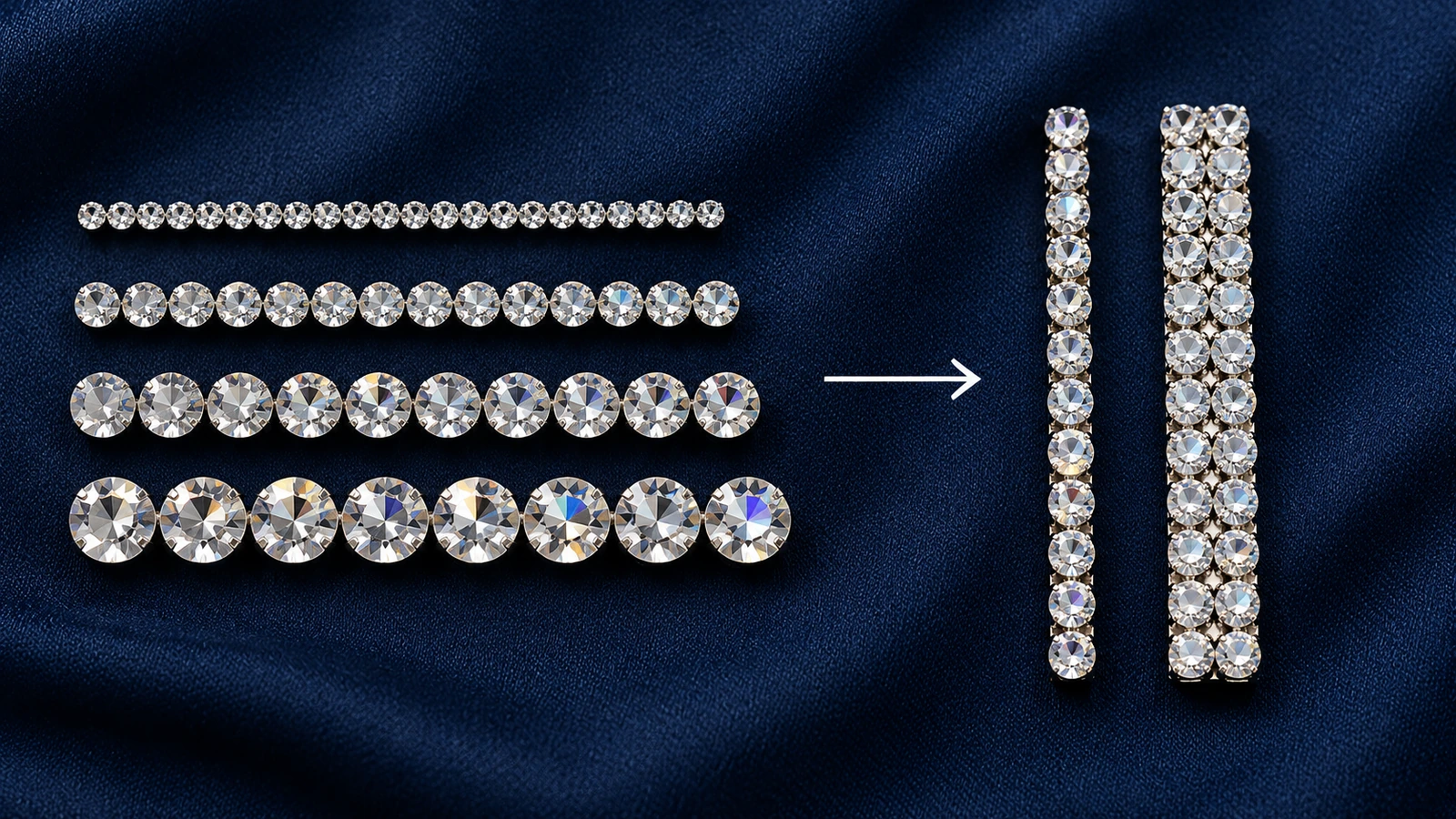 Quatro fileiras de strass transparente com diâmetros crescentes sobre tecido azul-marinho, ao lado de barras de fileira simples e de fileira dupla que mostram como o tamanho da pedra define a largura do traço de letras e números