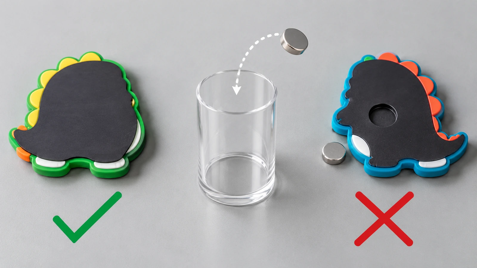 Vista traseira de um ímã de geladeira de PVC macio com tira flexível colada em toda a área, ao lado de uma versão com um pequeno ímã em disco solto, junto a um cilindro transparente de teste de peças pequenas