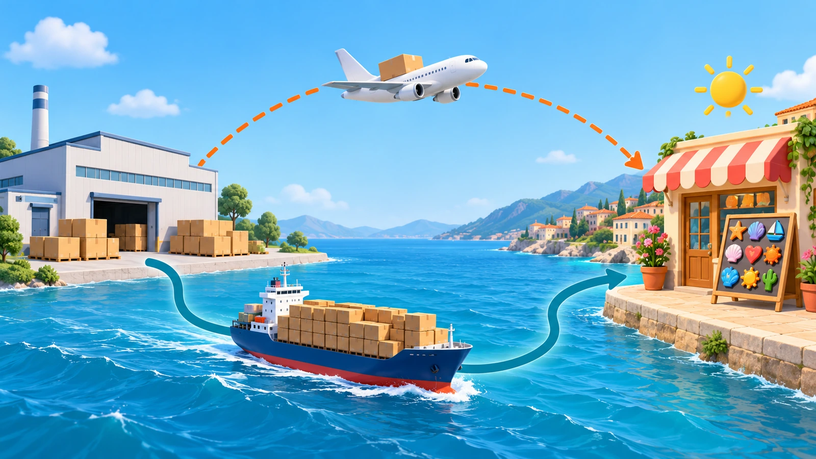 Dois caminhos de envio a partir de uma mesma fábrica: uma pequena encomenda em um avião e caixas maiores em um navio porta-contêineres, ambos com destino ao mesmo lugar
