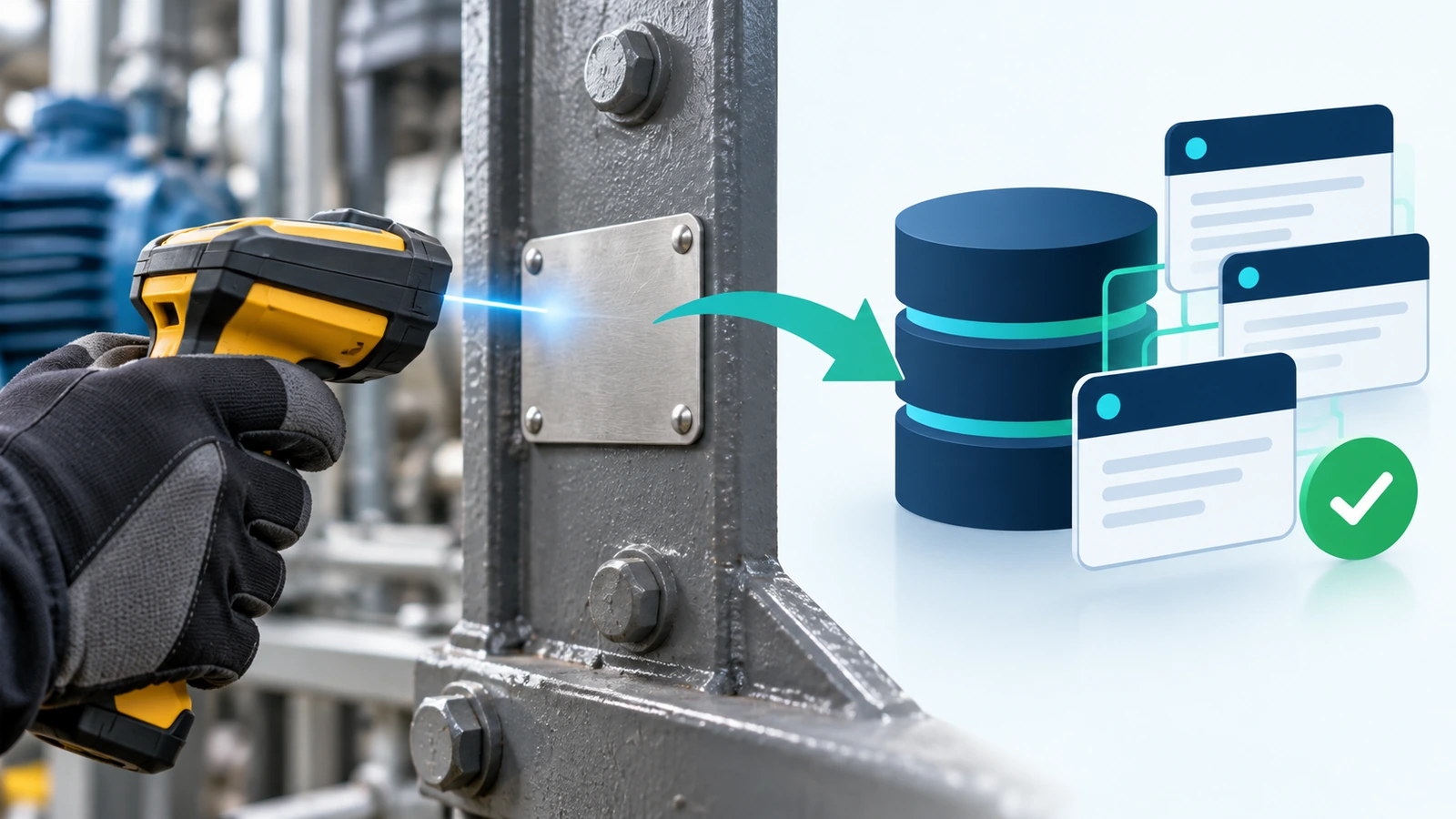 Técnico lendo uma etiqueta metálica em um equipamento industrial, com uma seta ligando a etiqueta a um banco de dados de ativos estilizado