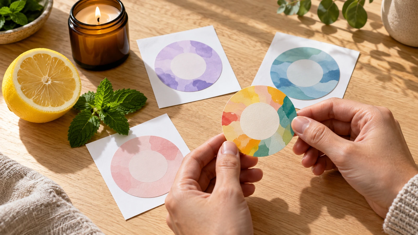Mãos de um comprador comparando uma amostra de adesivo aromático sem rótulo com um limão fresco, um ramo de hortelã e uma vela sobre uma bancada limpa