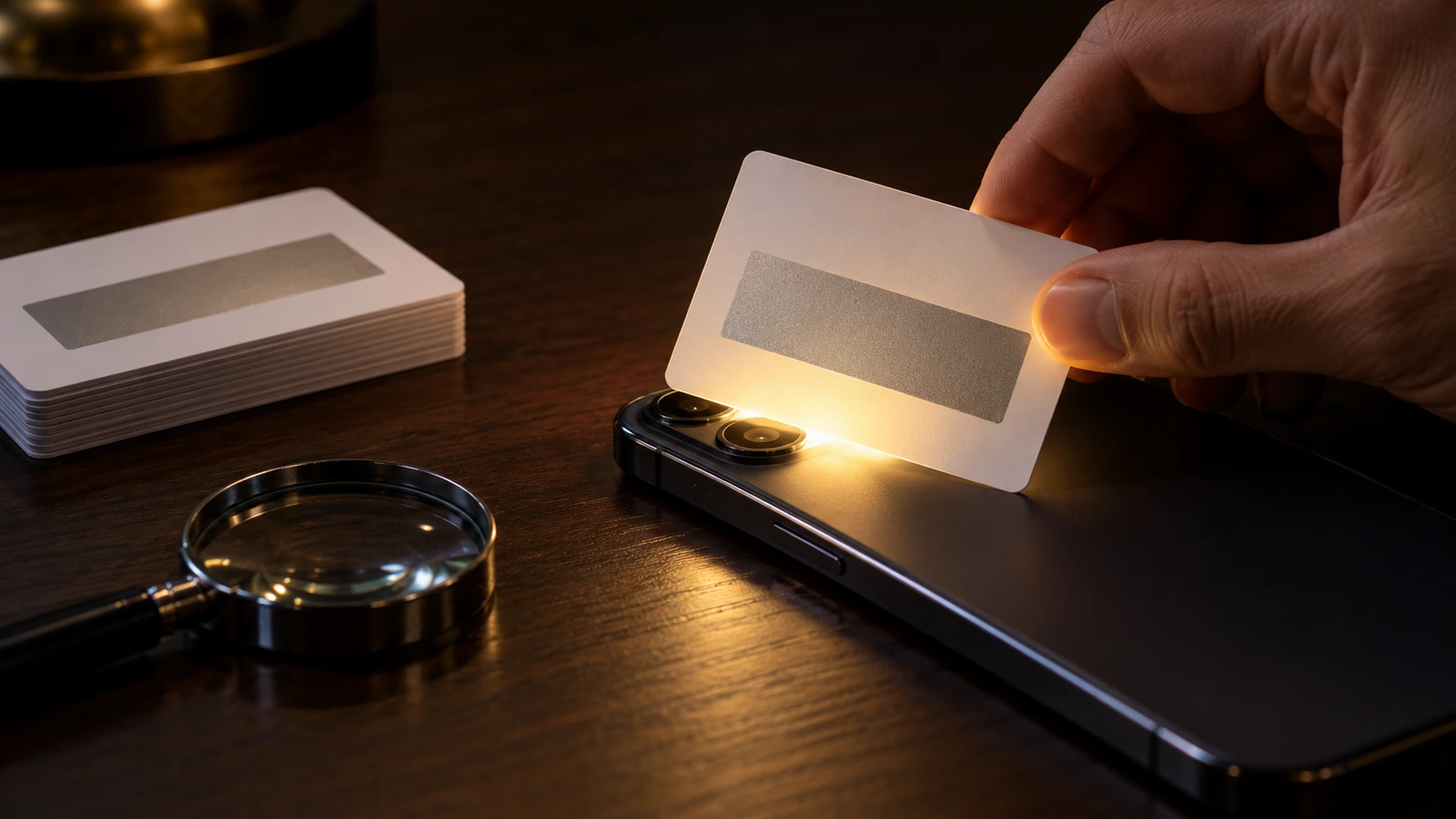 Mão segurando um cartão raspável sobre a lanterna do celular em um cômodo escuro para verificar se o código oculto aparece através do painel prateado