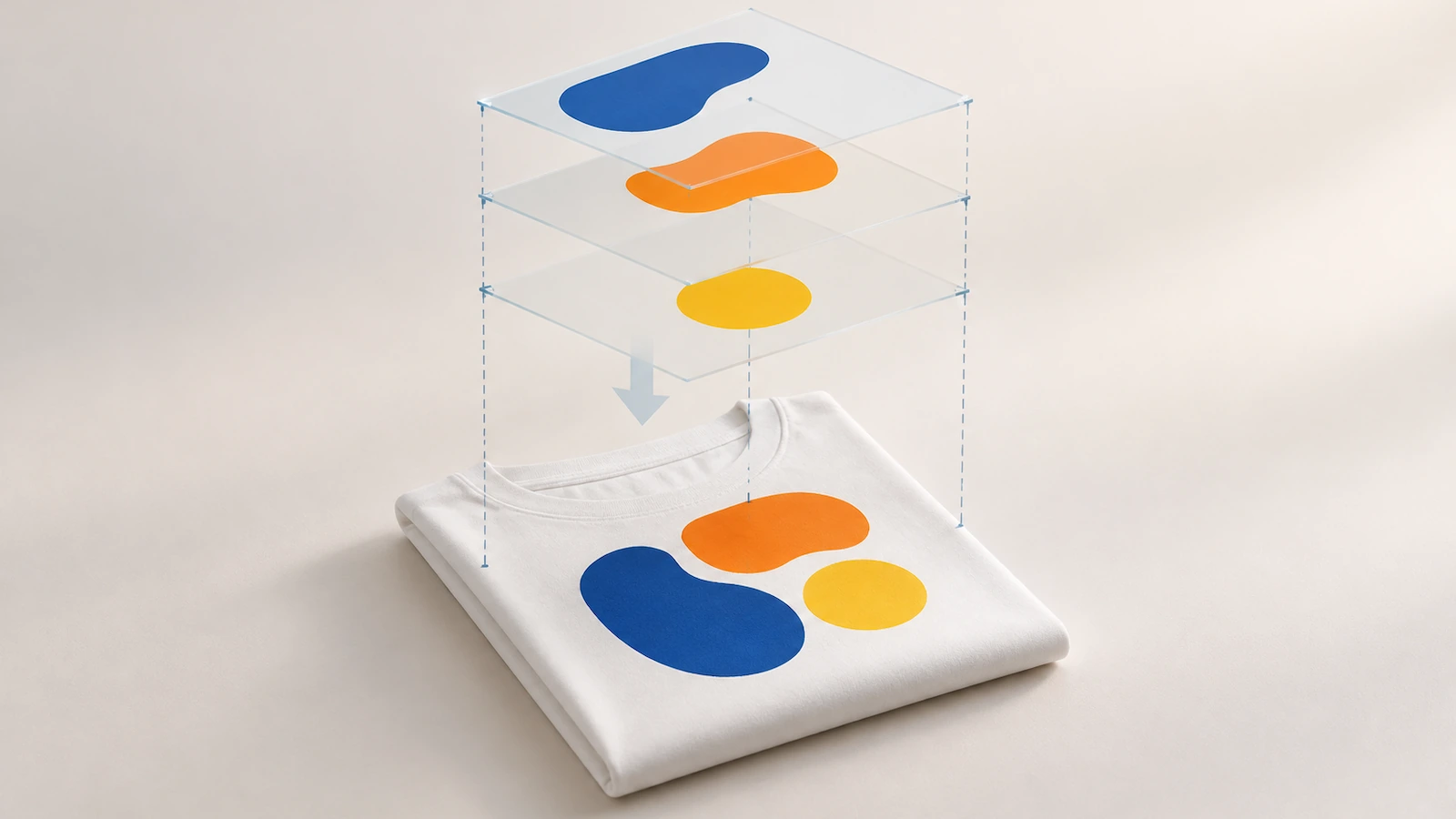 Vista explodida de um design de camiseta de 3 cores separado em camadas de tinta individuais, 1 camada por tela, flutuando sobre uma camiseta dobrada