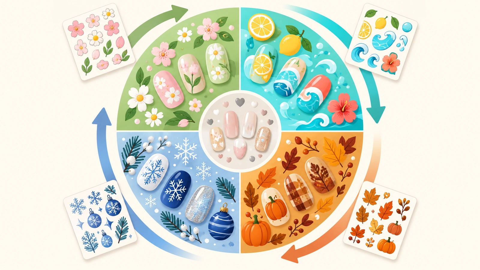 Calendário sazonal circular dividido em 4 quadrantes codificados por cores, com flores de primavera, frutas de verão, folhas de outono e motivos de flocos de neve de inverno, e setas mostrando a arte planejada um quadrante antes de cada lançamento