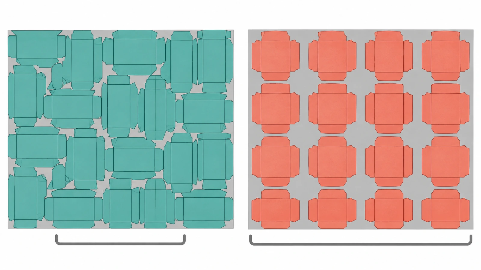 Comparação vista de cima de dois layouts de folha de impressão, com cartuchos de encaixe invertido intercalados ao lado de cartuchos de encaixe reto com mais sobra