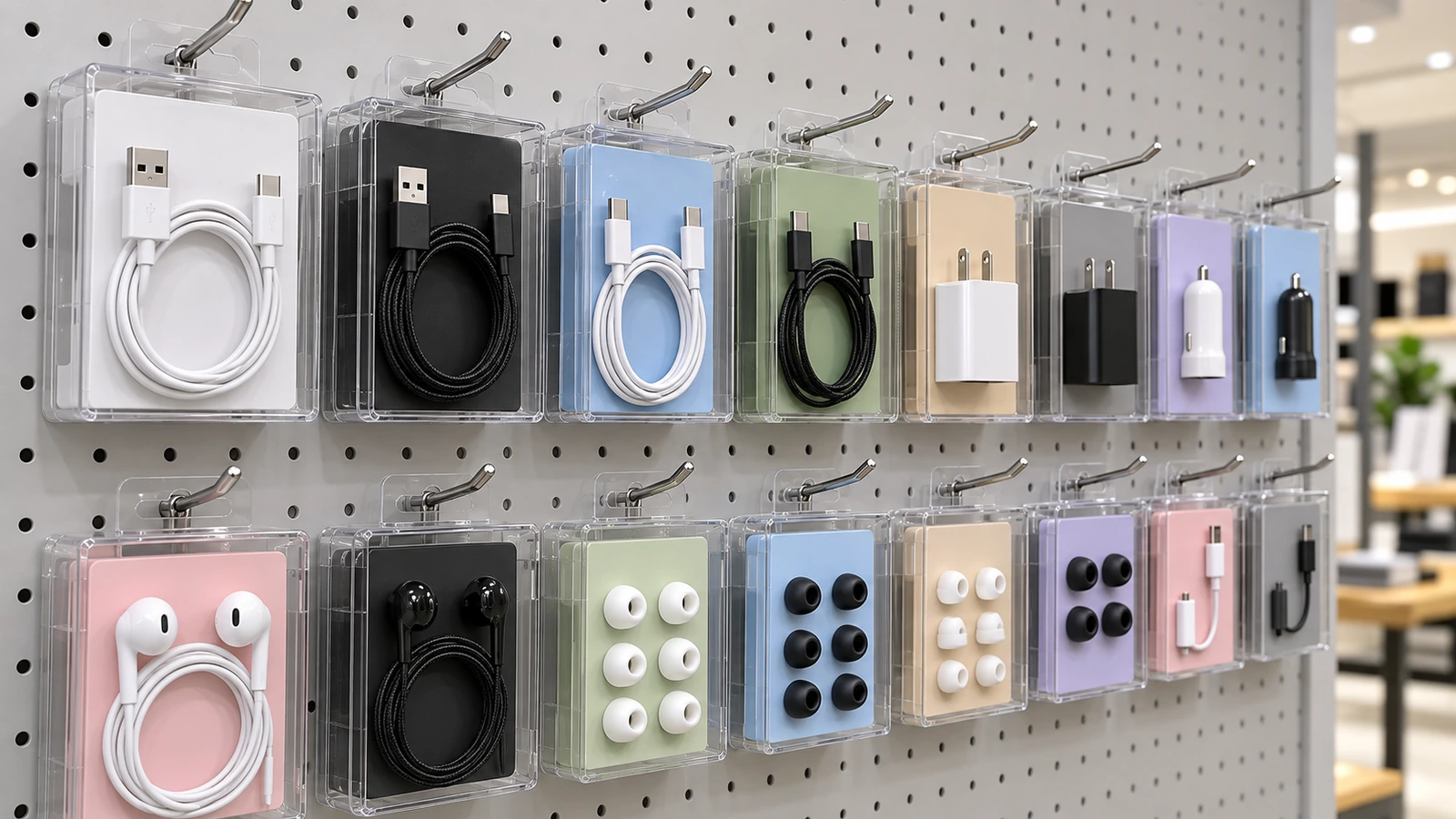 Fileira de caixas transparentes pequenas com cabos enrolados e adaptadores pendurados em ganchos de exposição de loja, com os conectores visíveis através das paredes