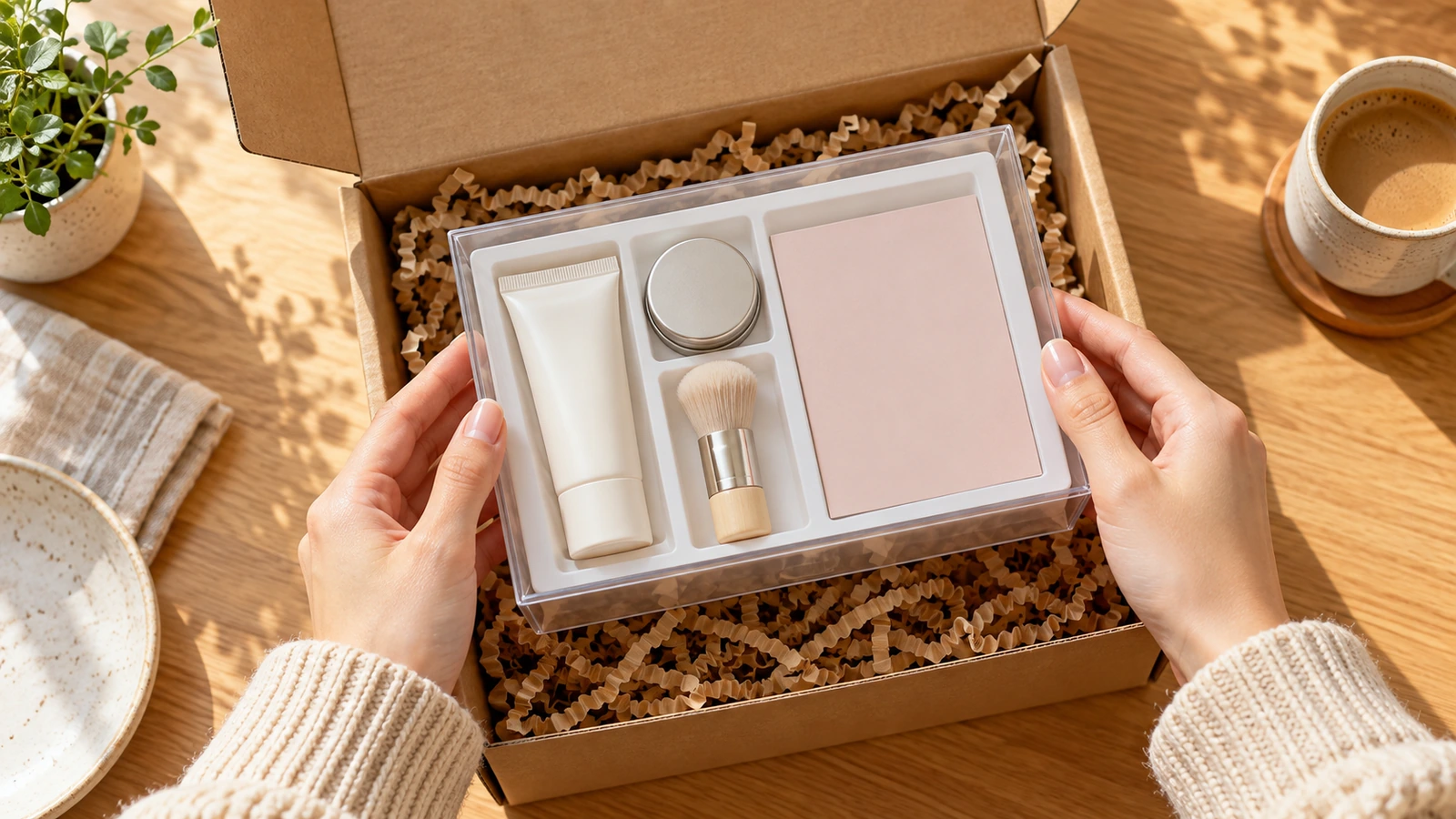 Mãos retirando de uma embalagem de envio de papel kraft uma pequena caixa transparente com um kit promocional bem compartimentado, fotografado de cima