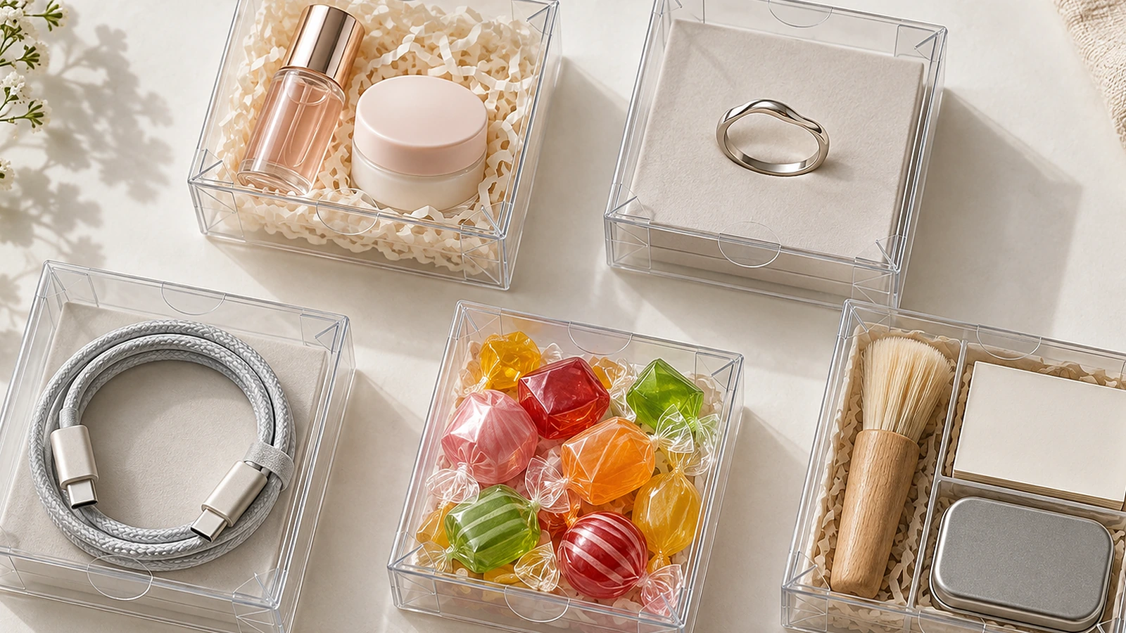 Cinco caixas de plástico transparentes pequenas sobre uma superfície clara, contendo um frasco de amostra de cosmético, um anel, um cabo de carregamento enrolado, doces coloridos e um mini kit promocional
