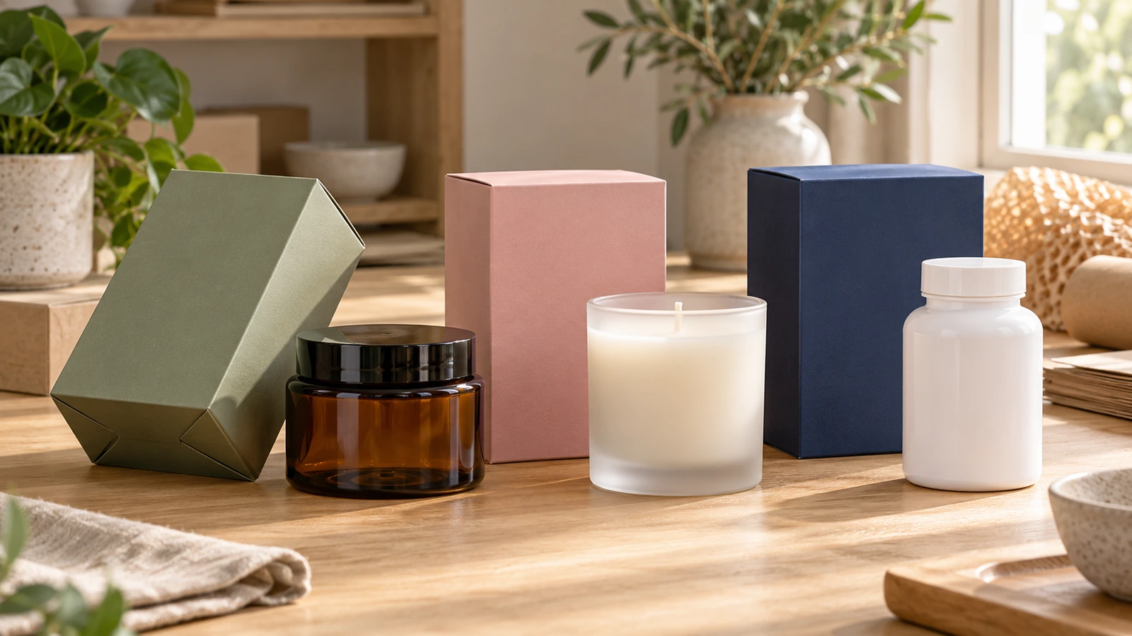 Caixas impressas com fundo travado ao lado de um pote de vidro, um recipiente de vela e um frasco de suplemento, mostrando produtos adequados a um fundo de encaixe