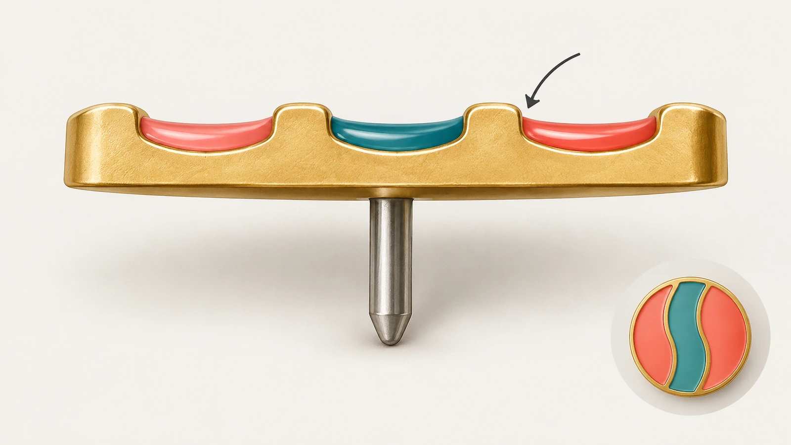 Ilustração em corte de um pin de esmalte macio mostrando o esmalte colorido abaixo das cristas de metal em relevo sobre uma base com banho metálico