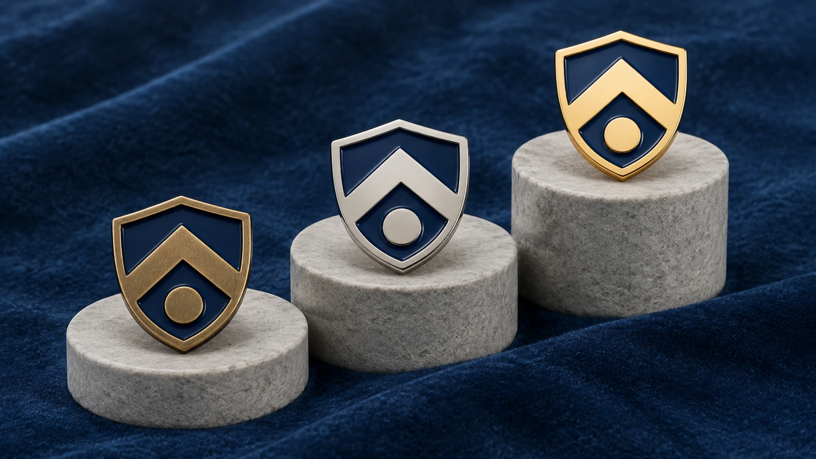 Três pins de esmalte macio idênticos, com banho de bronze, prata e ouro, dispostos em fila para representar níveis de reconhecimento de colaboradores