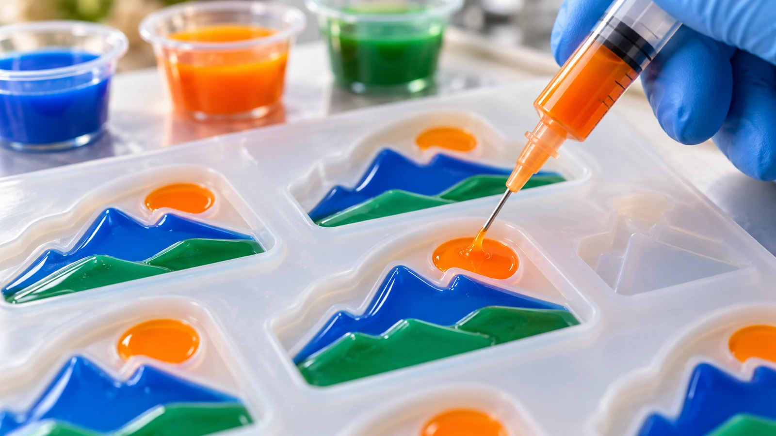 PVC macio líquido sendo preenchido cor por cor em um molde de silicone para um ímã de lembrança 3D